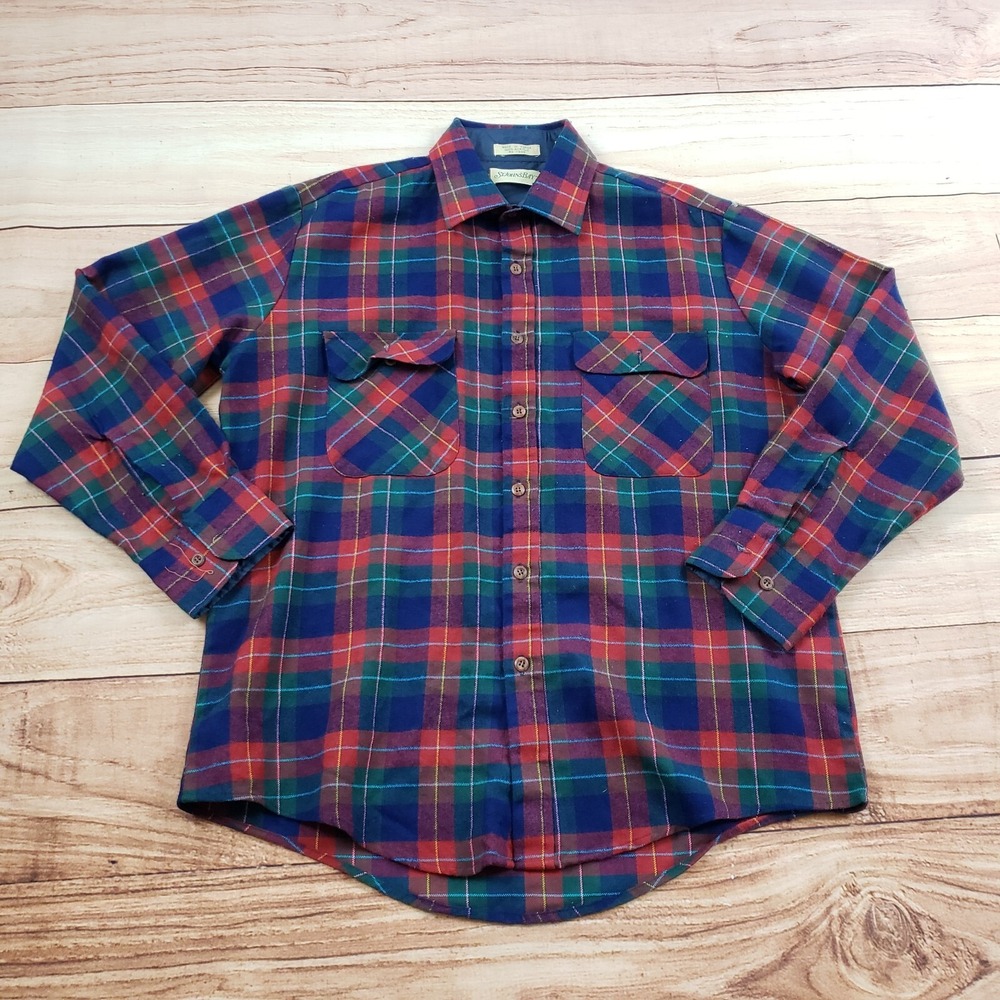 VINTAGE St Johns Bay Shirt Mens Large Red Blue Outdoor‎ Button Up Hiking Adult